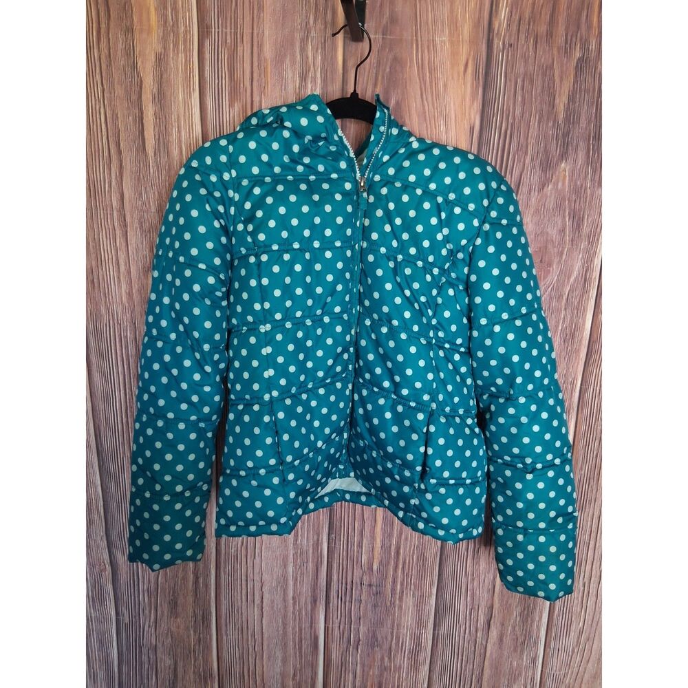 Faded glory teal green polka dot puffer jacket winter coat size xl 14/16